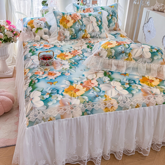 91家纺网 家纺一手货源 找家纺 罗艺轩 2025新款冰丝5D印花床裙凉席席子 繁花似锦