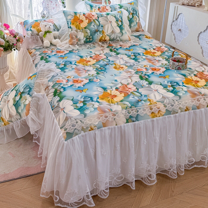 91家纺网 家纺一手货源 找家纺 罗艺轩 2025新款冰丝5D印花床裙凉席席子 繁花似锦