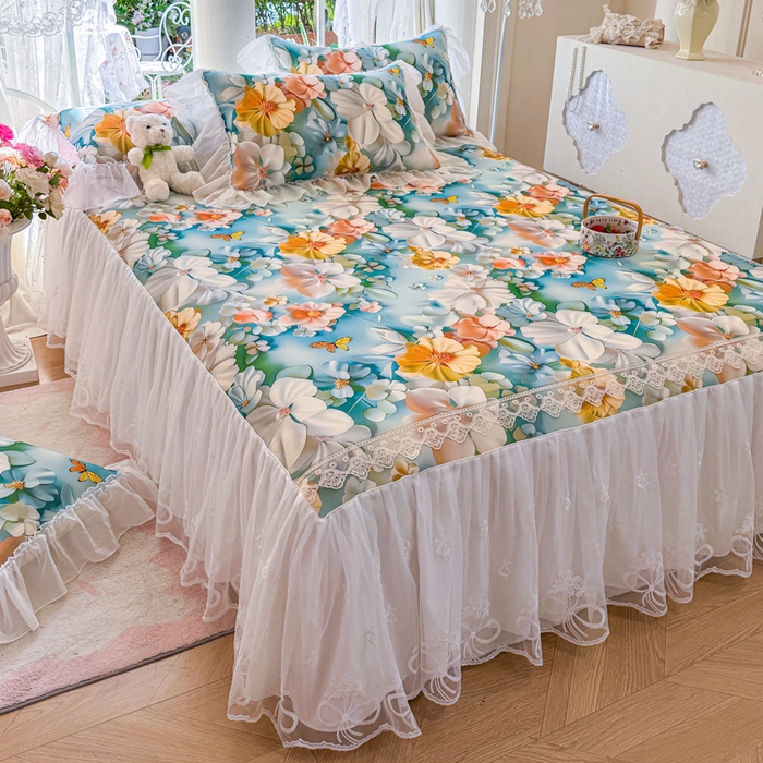 91家纺网 家纺一手货源 找家纺 罗艺轩 2025新款冰丝5D印花床裙凉席席子 繁花似锦