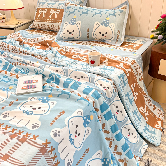 91家纺网 家纺一手货源 找家纺 安哆啦家纺 2025新款A类印花冰藤凉席针织棉牛奶丝夏被夏凉被空调被四件套 费尔岛