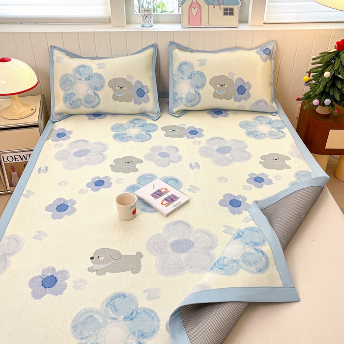 91家纺网 家纺一手货源 找家纺 安哆啦家纺 2025新款A类印花冰藤凉席针织棉牛奶丝夏被夏凉被空调被四件套 蓝花小狗