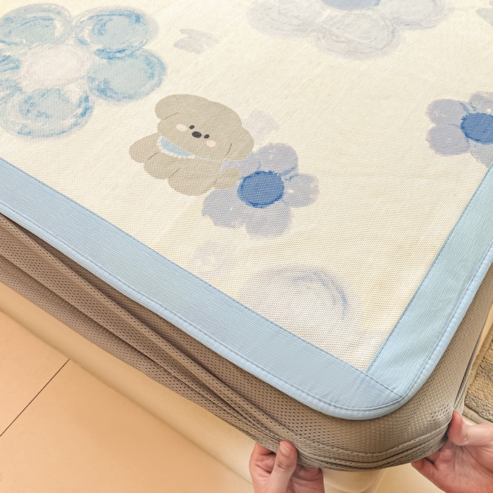 91家纺网 家纺一手货源 找家纺 安哆啦家纺 2025新款A类印花冰藤凉席针织棉牛奶丝夏被夏凉被空调被四件套 蓝花小狗