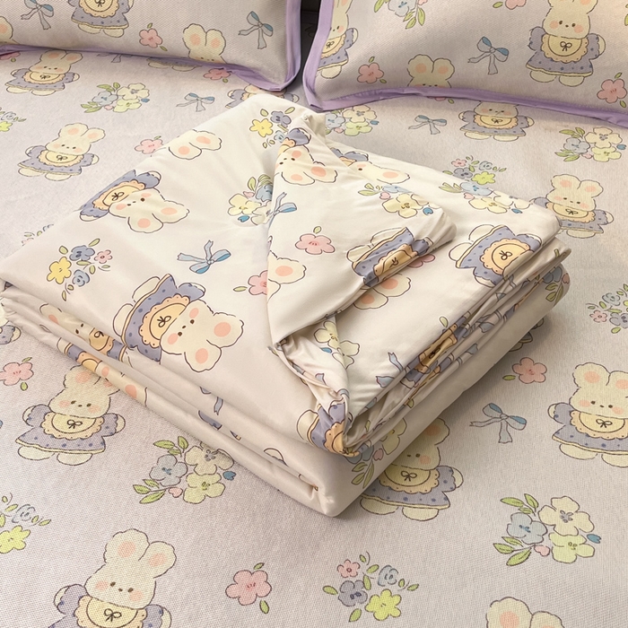安哆啦家纺 2025新款A类印花冰藤凉席针织棉牛奶丝夏被夏凉被空调被四件套 萌小兔