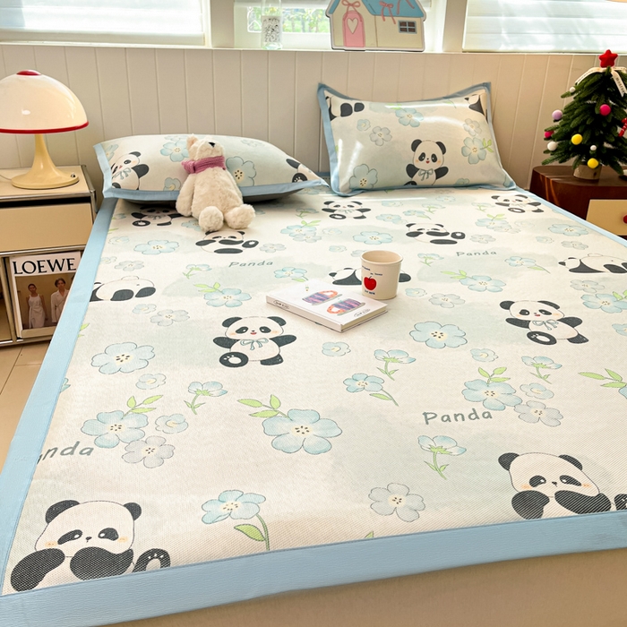 91家纺网 家纺一手货源 找家纺 安哆啦家纺 2025新款A类印花冰藤凉席针织棉牛奶丝夏被夏凉被空调被四件套 熊猫团团