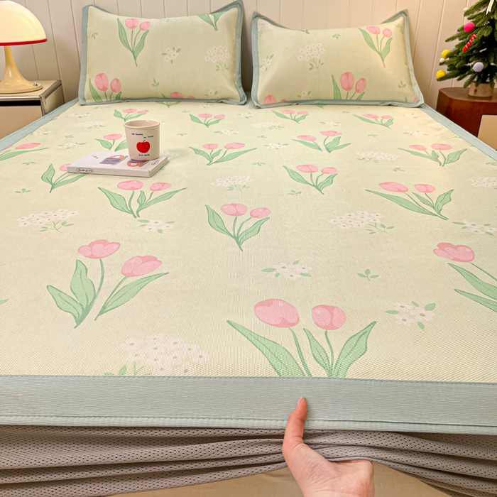 91家纺网 家纺一手货源 找家纺 安哆啦家纺 2025新款A类印花冰藤凉席针织棉牛奶丝夏被夏凉被空调被四件套 郁金香