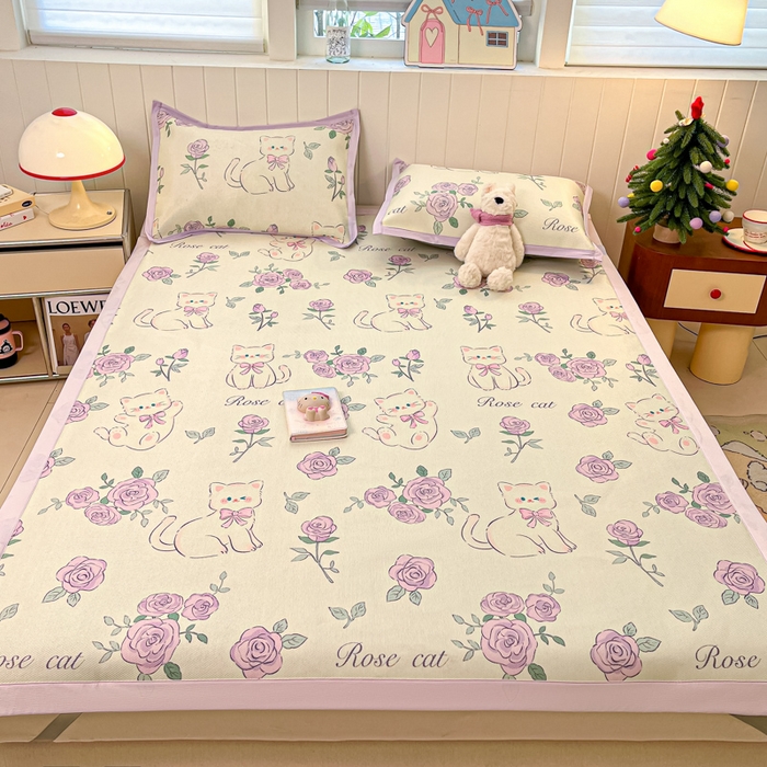 91家纺网 家纺一手货源 找家纺 安哆啦家纺 2025新款A类印花冰藤凉席针织棉牛奶丝夏被夏凉被空调被四件套 紫花猫