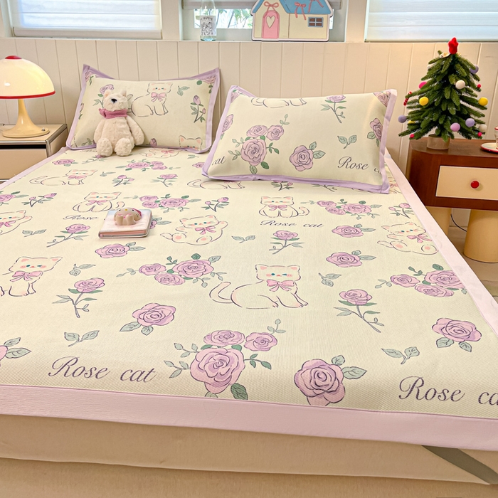 91家纺网 家纺一手货源 找家纺 安哆啦家纺 2025新款A类印花冰藤凉席针织棉牛奶丝夏被夏凉被空调被四件套 紫花猫