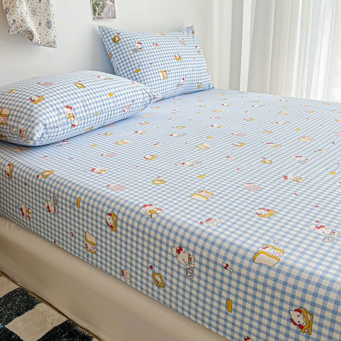 91家纺网 家纺一手货源 找家纺 罗亿家纺 2025新款卡通水洗云朵棉110g单床笠 蓝格子小猫