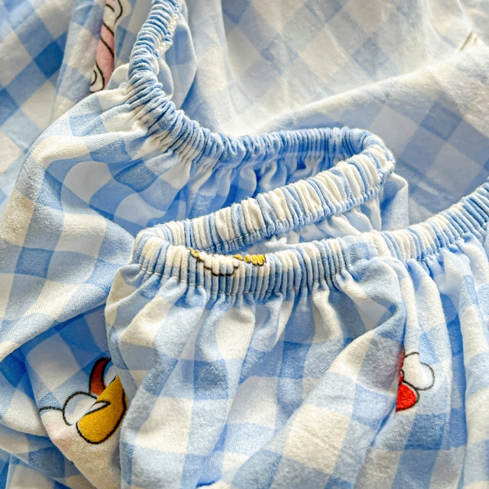 91家纺网 家纺一手货源 找家纺 罗亿家纺 2025新款卡通水洗云朵棉110g单床笠 蓝格子小猫