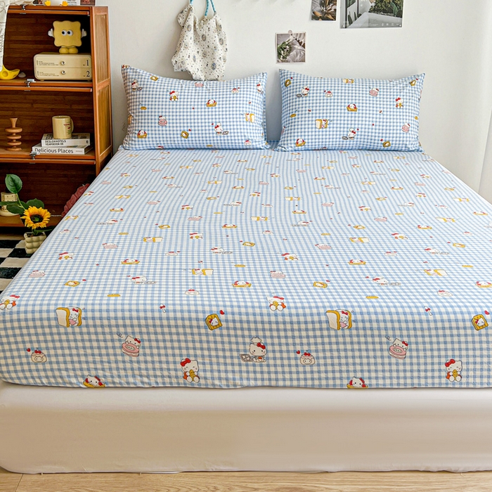 91家纺网 家纺一手货源 找家纺 罗亿家纺 2025新款卡通水洗云朵棉110g单床笠 蓝格子小猫