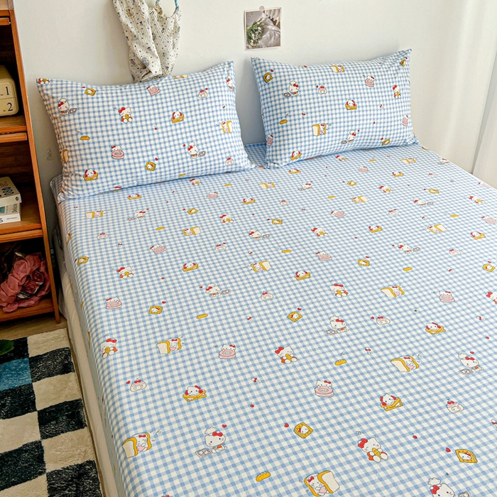 91家纺网 家纺一手货源 找家纺 罗亿家纺 2025新款卡通水洗云朵棉110g单床笠 蓝格子小猫