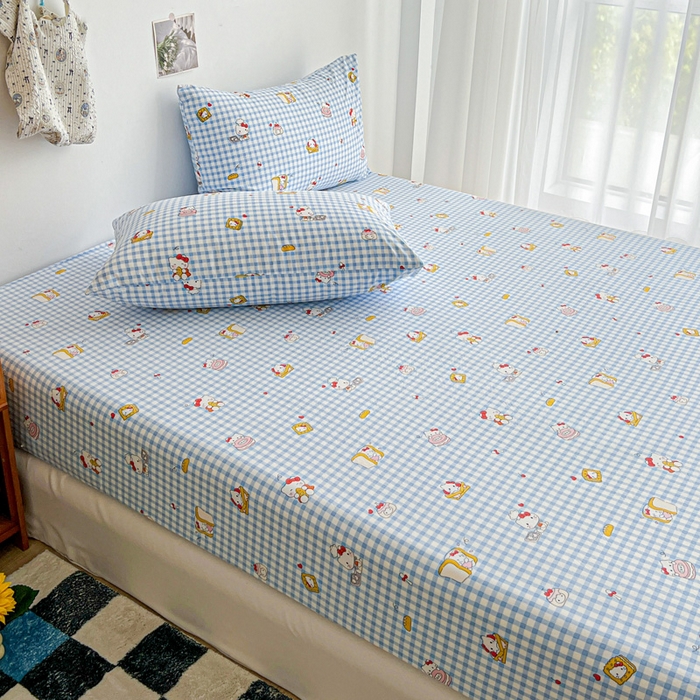 91家纺网 家纺一手货源 找家纺 罗亿家纺 2025新款卡通水洗云朵棉110g单床笠 蓝格子小猫