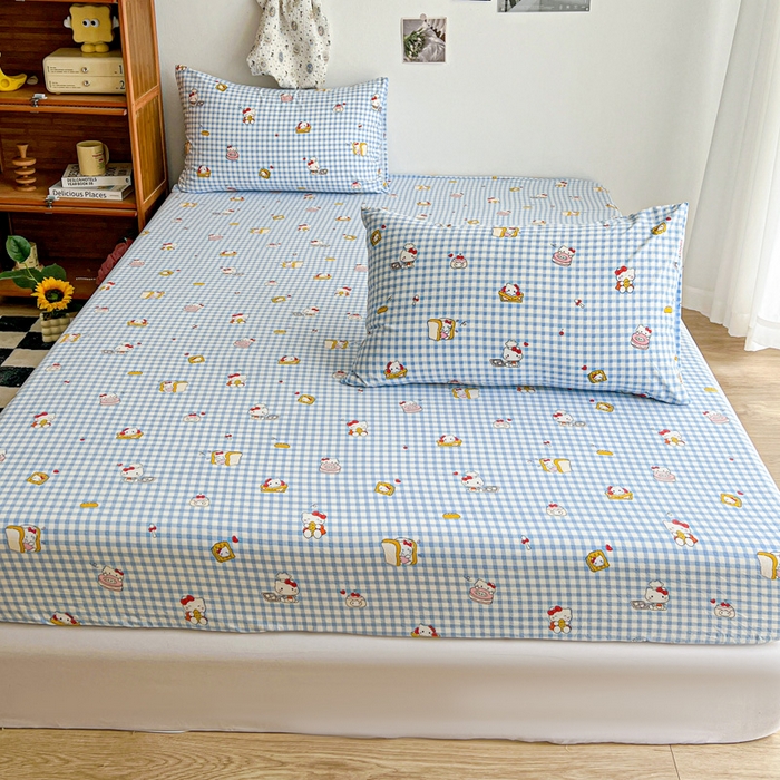 91家纺网 家纺一手货源 找家纺 罗亿家纺 2025新款卡通水洗云朵棉110g单床笠 蓝格子小猫