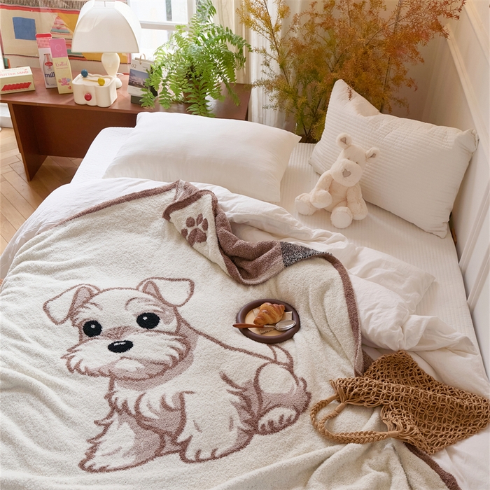 91家纺网 家纺一手货源 找家纺 暖绵绵2025新款半边绒涤纶混纺毯子抱枕套 狗狗四小只-鲁哈斯