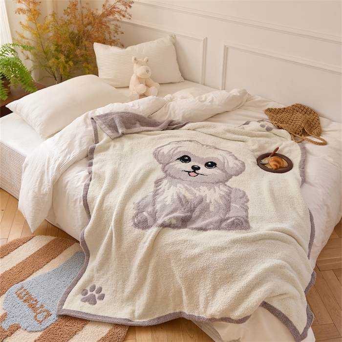 91家纺网 家纺一手货源 找家纺 暖绵绵2025新款半边绒涤纶混纺毯子抱枕套 狗狗四小只-麦达