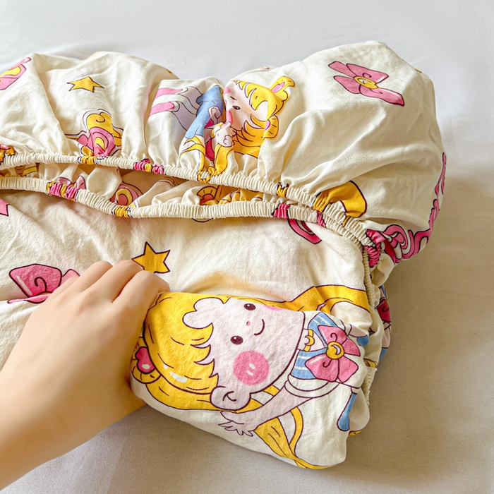 91家纺网 家纺一手货源 找家纺 罗亿家纺 2025新款卡通水洗云朵棉110g单床笠 美少女