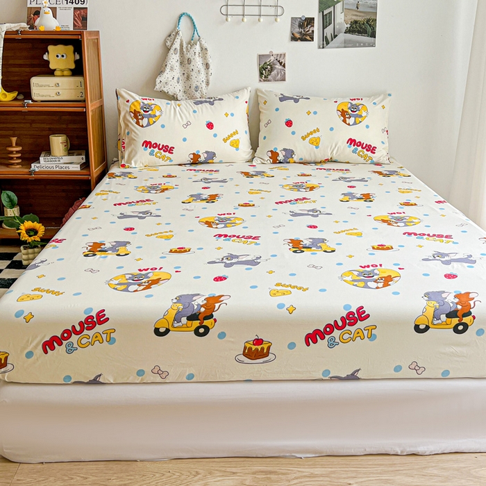 91家纺网 家纺一手货源 找家纺 罗亿家纺 2025新款卡通水洗云朵棉110g单床笠 小猫和小鼠