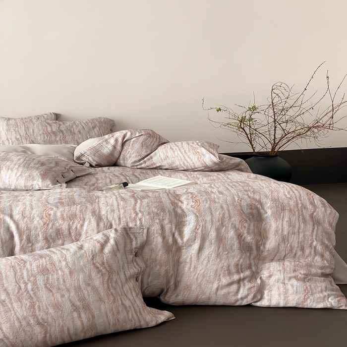 91家纺网 家纺一手货源 找家纺 （总）赫帛 2025新款数码印花皱皱纱60支全棉双层纱四件套-云屿沁棕