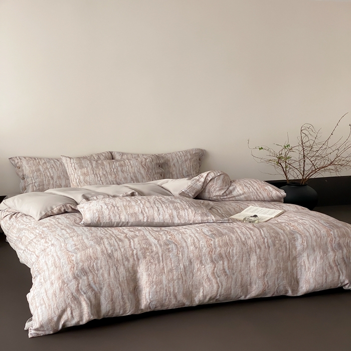 91家纺网 家纺一手货源 找家纺 （总）赫帛 2025新款数码印花皱皱纱60支全棉双层纱四件套-云屿沁棕