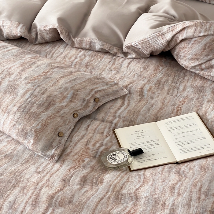 91家纺网 家纺一手货源 找家纺 （总）赫帛 2025新款数码印花皱皱纱60支全棉双层纱四件套-云屿沁棕