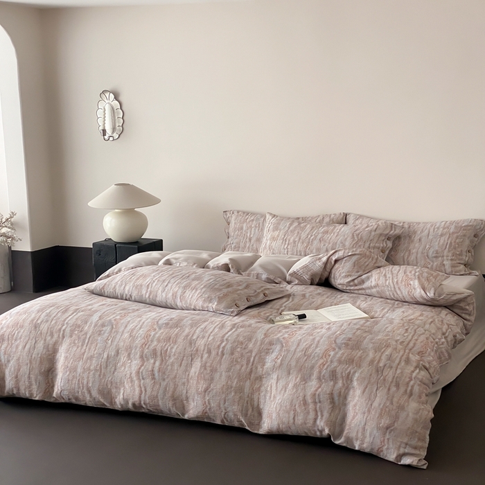 91家纺网 家纺一手货源 找家纺 （总）赫帛 2025新款数码印花皱皱纱60支全棉双层纱四件套-云屿沁棕