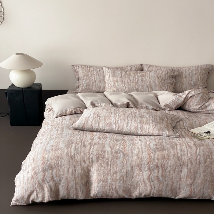 91家纺网 家纺一手货源 找家纺 （总）赫帛 2025新款数码印花皱皱纱60支全棉双层纱四件套-云屿沁棕