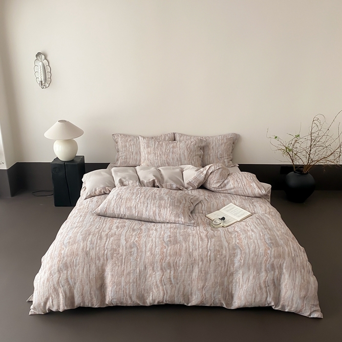 （总）赫帛 2025新款数码印花皱皱纱60支全棉双层纱四件套-云屿沁棕