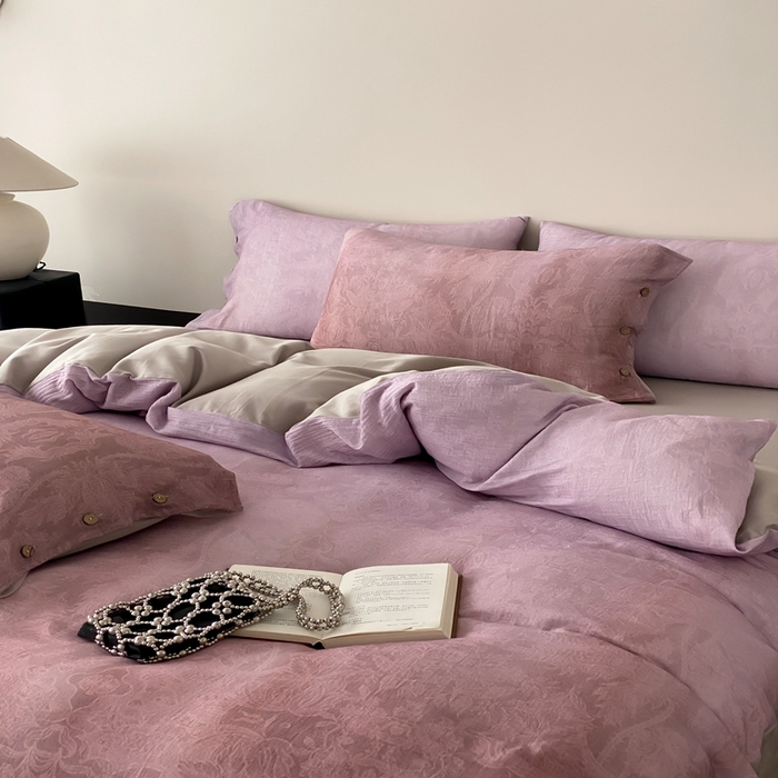 91家纺网 家纺一手货源 找家纺 （总）赫帛 2025新款数码印花皱皱纱60支全棉双层纱四件套-鸢尾织物