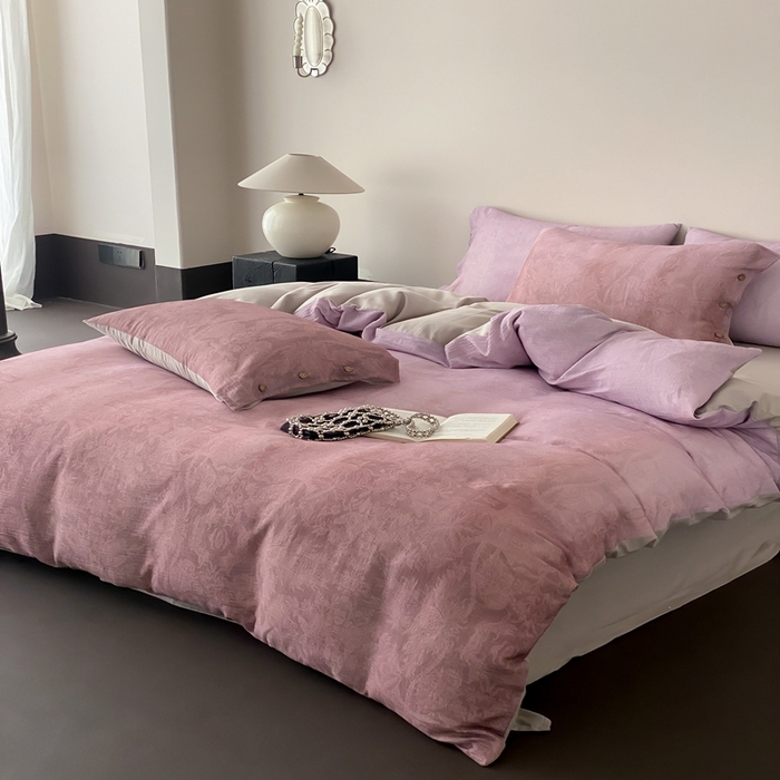 91家纺网 家纺一手货源 找家纺 （总）赫帛 2025新款数码印花皱皱纱60支全棉双层纱四件套-鸢尾织物