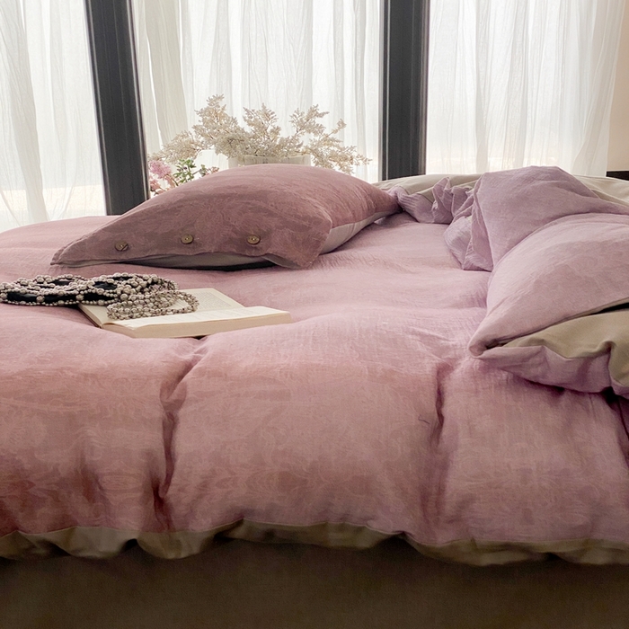 91家纺网 家纺一手货源 找家纺 （总）赫帛 2025新款数码印花皱皱纱60支全棉双层纱四件套-鸢尾织物