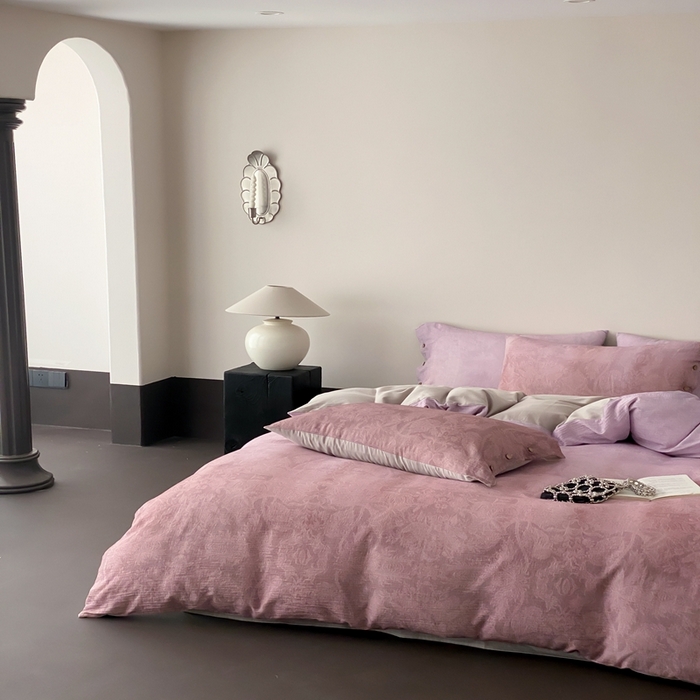 91家纺网 家纺一手货源 找家纺 （总）赫帛 2025新款数码印花皱皱纱60支全棉双层纱四件套-鸢尾织物