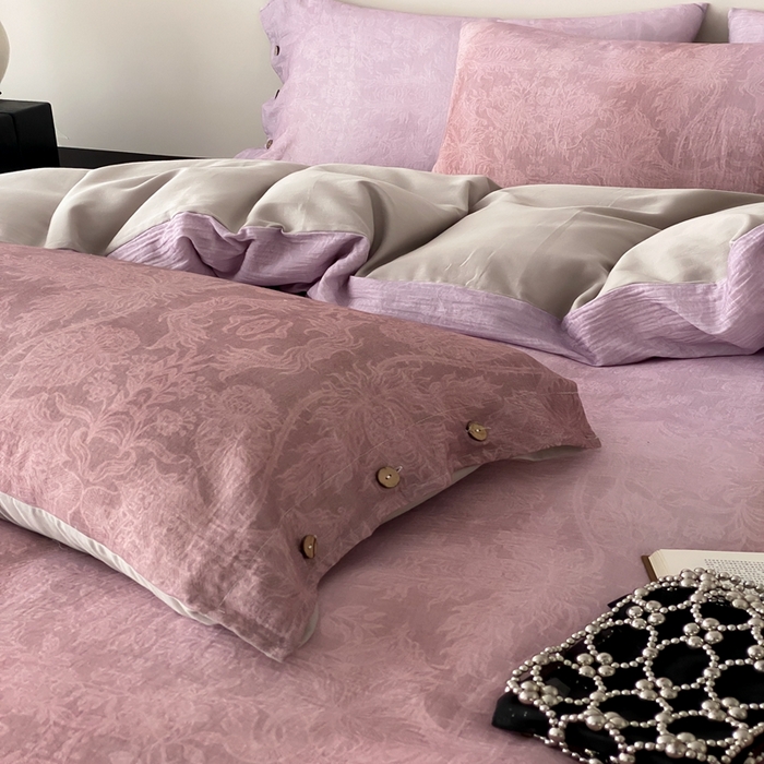 91家纺网 家纺一手货源 找家纺 （总）赫帛 2025新款数码印花皱皱纱60支全棉双层纱四件套-鸢尾织物