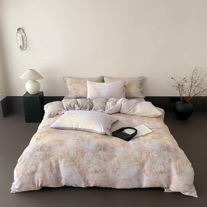 91家纺网 家纺一手货源 找家纺 （总）赫帛  2025新款数码印花皱皱纱60支全棉双层纱四件套-暮霭琉璃