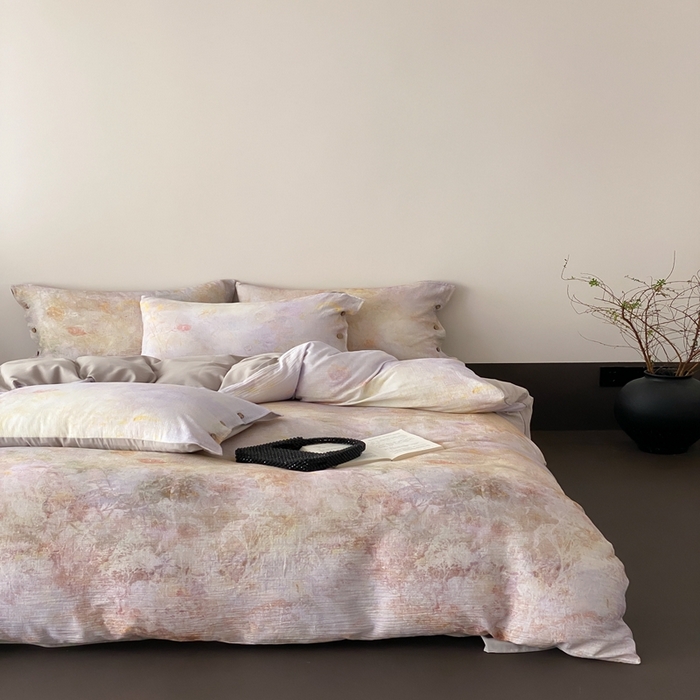 91家纺网 家纺一手货源 找家纺 （总）赫帛  2025新款数码印花皱皱纱60支全棉双层纱四件套-暮霭琉璃