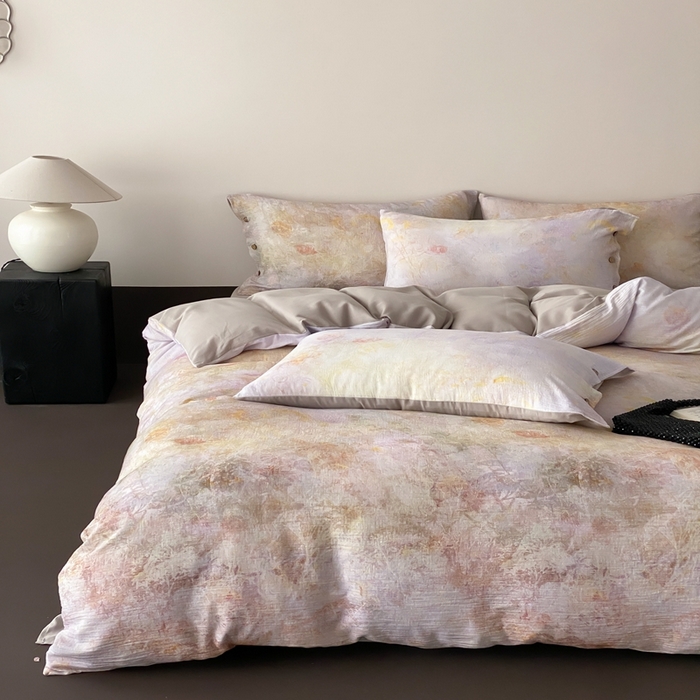 91家纺网 家纺一手货源 找家纺 （总）赫帛  2025新款数码印花皱皱纱60支全棉双层纱四件套-暮霭琉璃