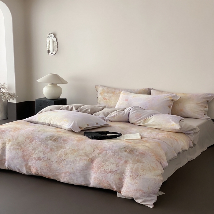 91家纺网 家纺一手货源 找家纺 （总）赫帛  2025新款数码印花皱皱纱60支全棉双层纱四件套-暮霭琉璃