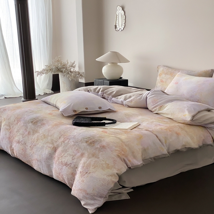 91家纺网 家纺一手货源 找家纺 （总）赫帛  2025新款数码印花皱皱纱60支全棉双层纱四件套-暮霭琉璃