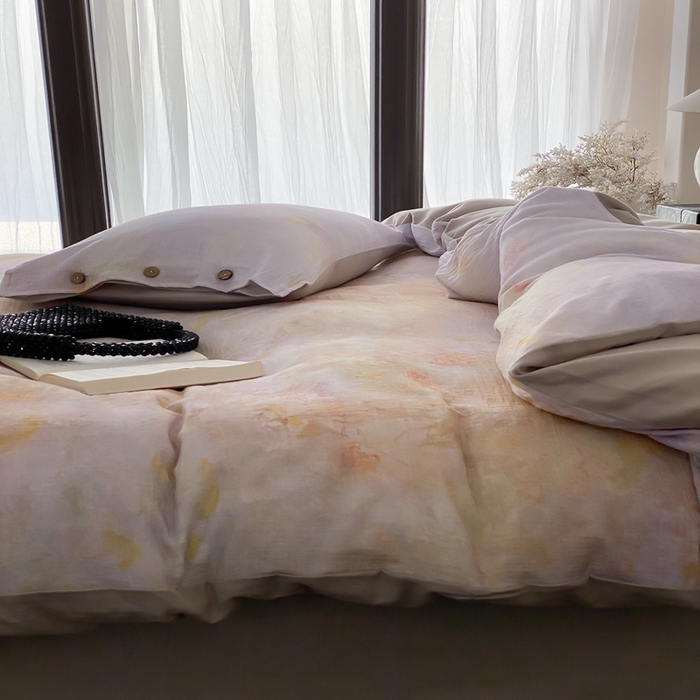 91家纺网 家纺一手货源 找家纺 （总）赫帛  2025新款数码印花皱皱纱60支全棉双层纱四件套-暮霭琉璃