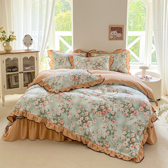 91家纺网 家纺一手货源 找家纺 米柳2025新款水洗棉床盖四件套 花语