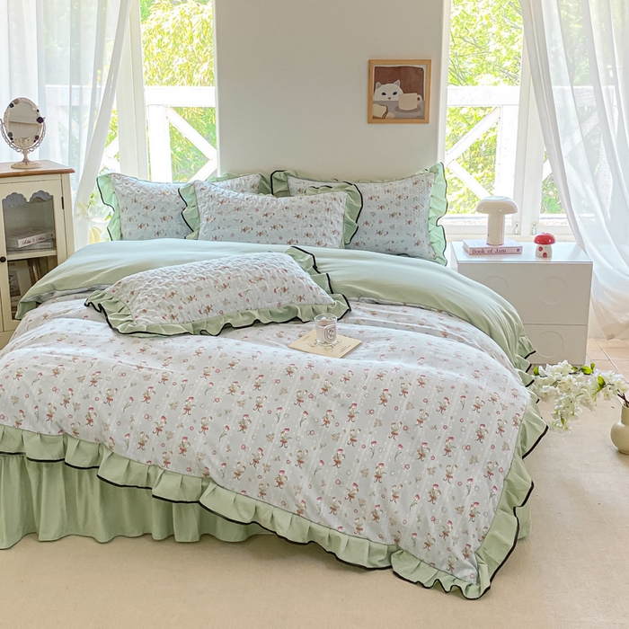 91家纺网 家纺一手货源 找家纺 米柳2025新款水洗棉床盖四件套 云梦花都