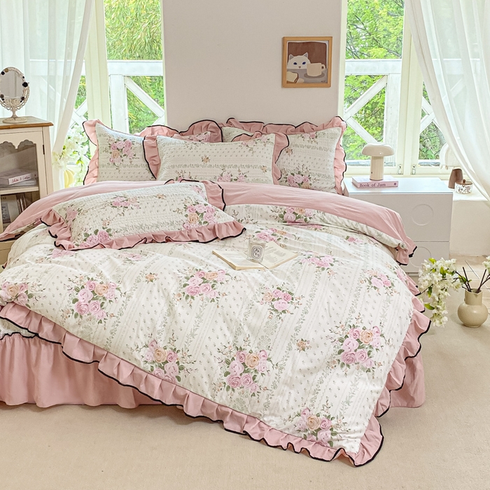 91家纺网 家纺一手货源 找家纺 米柳2025新款水洗棉床盖四件套 花非花