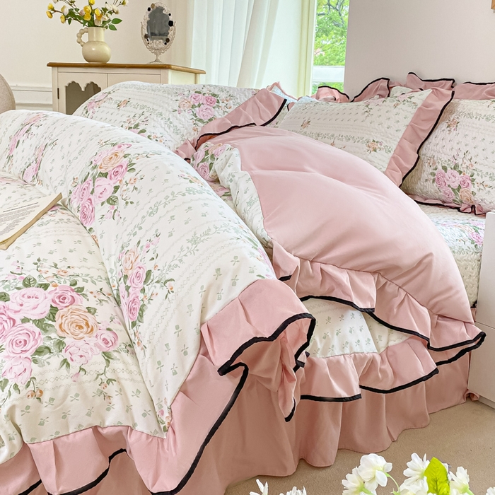 91家纺网 家纺一手货源 找家纺 米柳2025新款水洗棉床盖四件套 花非花