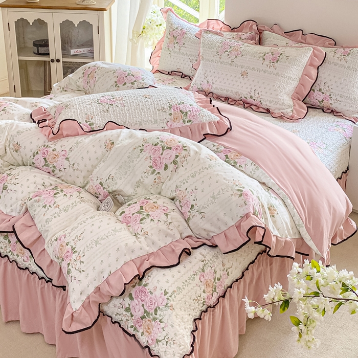 91家纺网 家纺一手货源 找家纺 米柳2025新款水洗棉床盖四件套 花非花