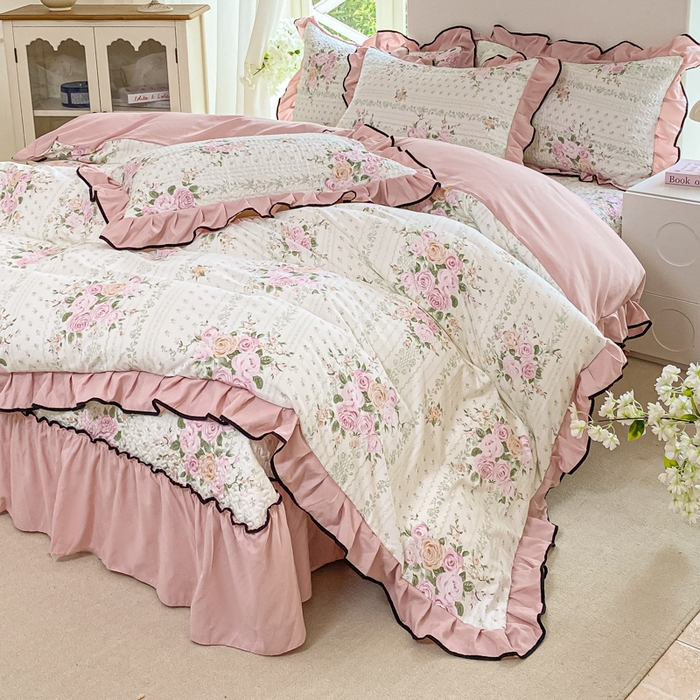 91家纺网 家纺一手货源 找家纺 米柳2025新款水洗棉床盖四件套 花非花