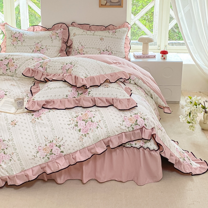 91家纺网 家纺一手货源 找家纺 米柳2025新款水洗棉床盖四件套 花非花