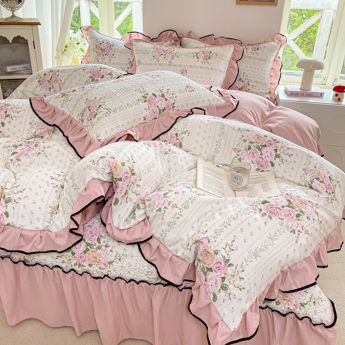 91家纺网 家纺一手货源 找家纺 米柳2025新款水洗棉床盖四件套 花非花