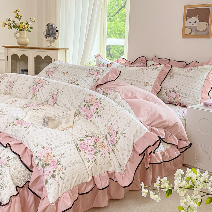 91家纺网 家纺一手货源 找家纺 米柳2025新款水洗棉床盖四件套 花非花