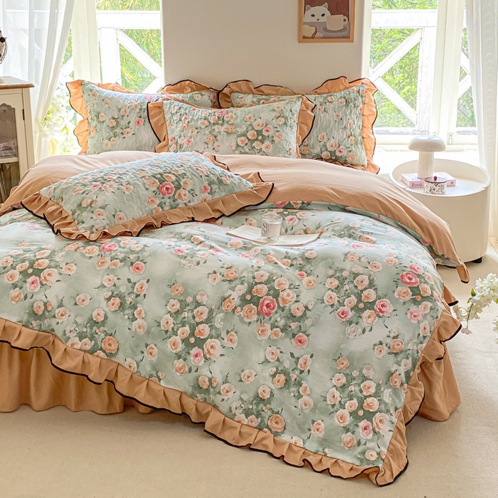 91家纺网 家纺一手货源 找家纺 米柳2025新款水洗棉床盖四件套 花语