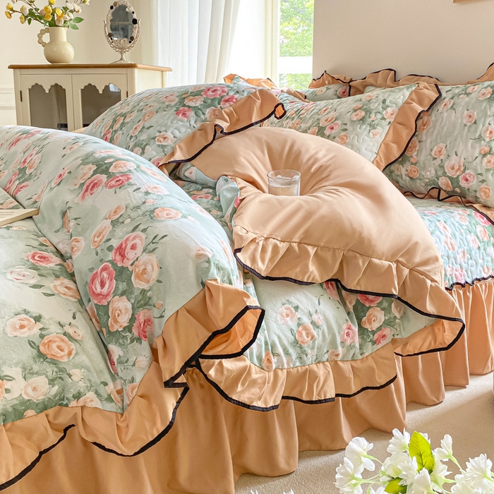 91家纺网 家纺一手货源 找家纺 米柳2025新款水洗棉床盖四件套 花语