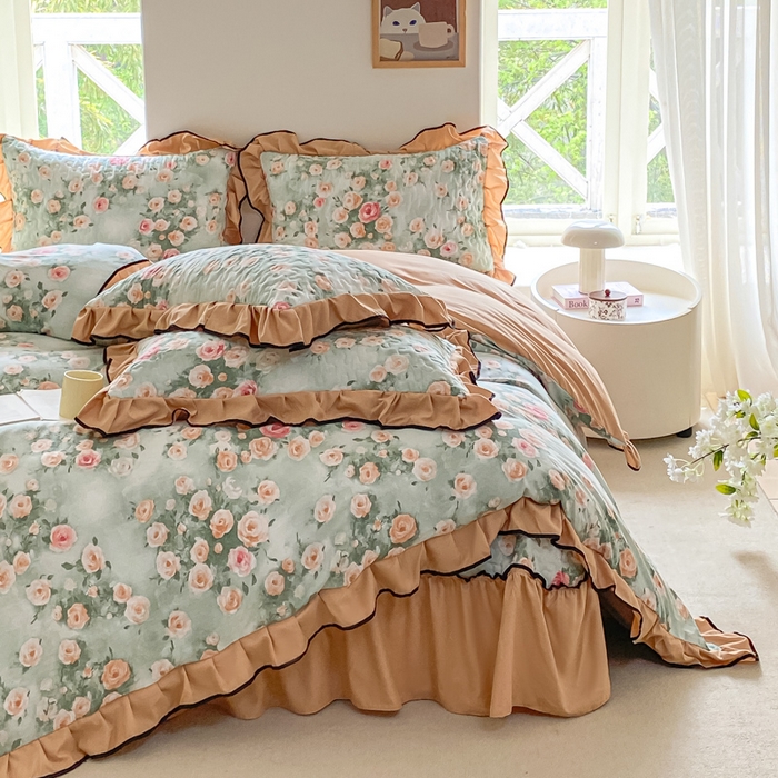 91家纺网 家纺一手货源 找家纺 米柳2025新款水洗棉床盖四件套 花语